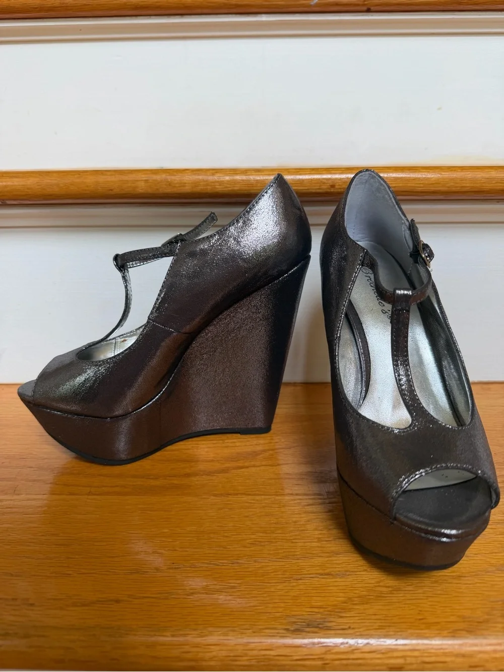 Silver T-Strap Peep-Toe Platform Heels - Women's